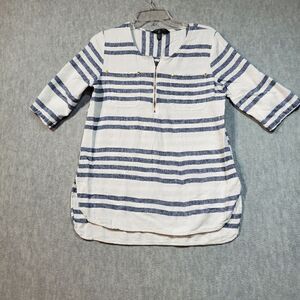 Ellen Tracy Top Womens Medium White Blue Striped Linen Blend Roll Tunic 1/4 Zip